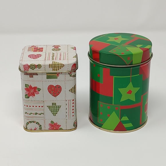 Vintage Set of 2 Little Tin Christmas Holiday Storage Containers Home Decor - Picture 1 of 5